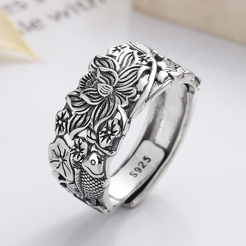 925 Sterling Silver Koi Fish Lotus Flower Prosperity Ring