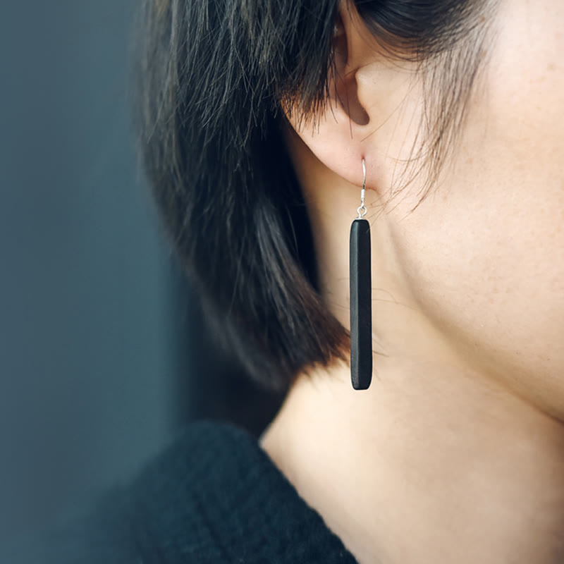 925 Sterling Silver Ebony Wood Texture Balance Peace Drop Dangle Earrings