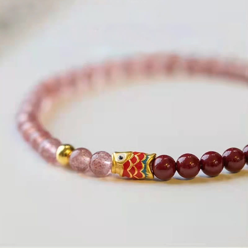 Natural Strawberry Quartz Cinnabar Lucky Koi Fish Healing Bracelet