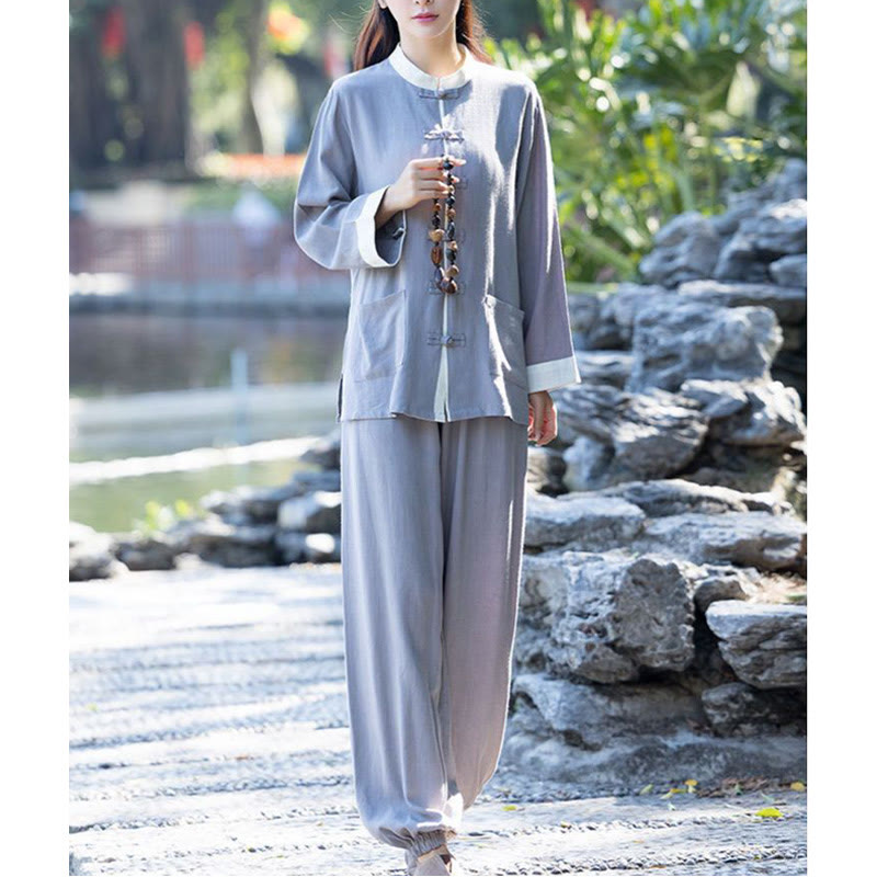 2Pcs Frog-Button Long Sleeve Shirt Top Pants Meditation Zen Tai Chi Cotton Linen Clothing Women's Set