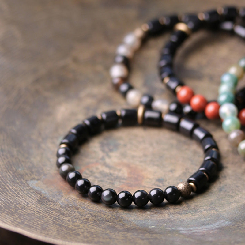 Handmade Ebony Wood & Copper Peace Couple Bracelet with Natural Gemstones
