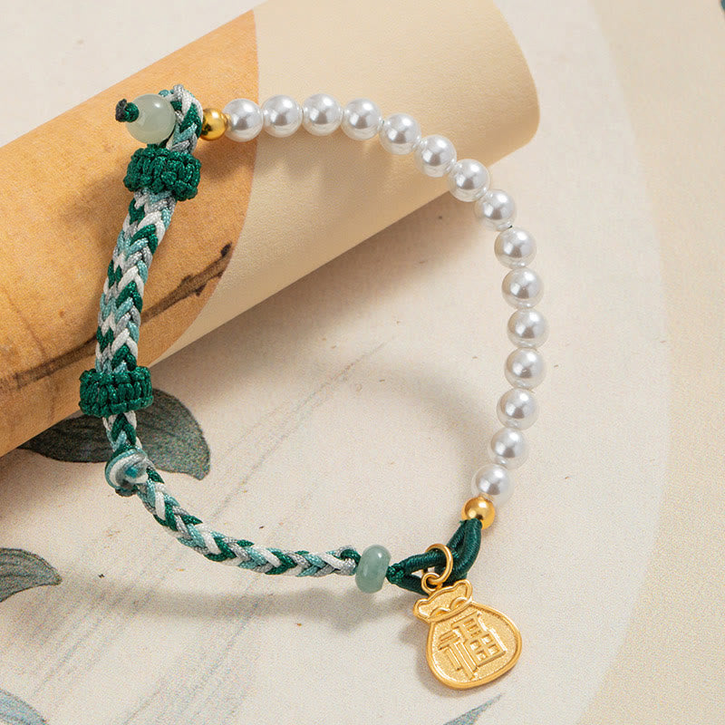 925 Sterling Silver Hetian Jade & Pearl Fu Wealth Bag Adjustable Rope Bracelet