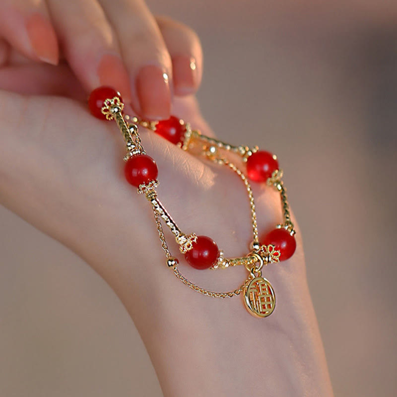 Red Agate and Copper Fu Character Charm Bracelet for Self-Acceptance