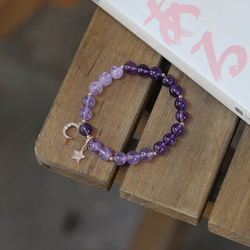 Handmade Natural Amethyst Celestial Moon & Star Beaded Bracelet
