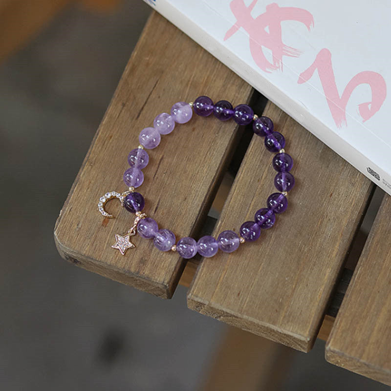 Handmade Natural Amethyst Celestial Moon & Star Beaded Bracelet