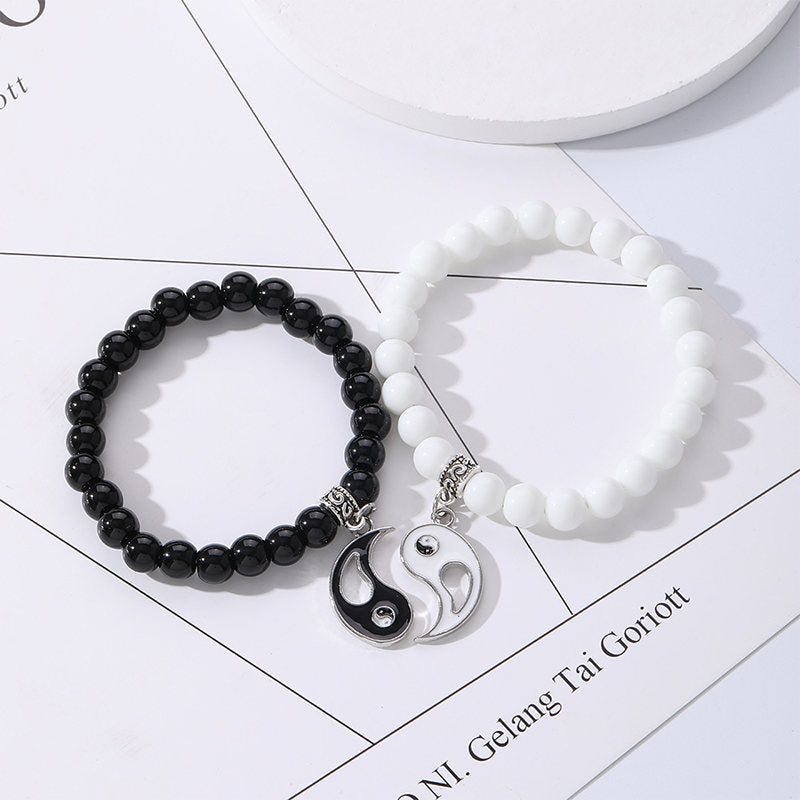 2Pcs Black Onyx White Turquoise Bead Yin Yang Protection Couple Bracelet