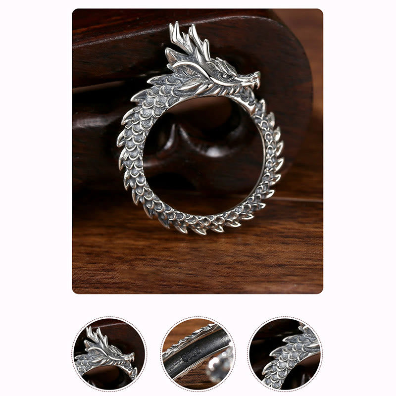925 Sterling Silver Vintage Dragon Success Protection Strength Adjustable Ring