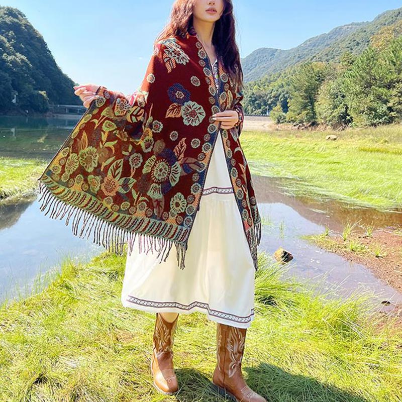 Tibetan Flower Floral Leaves Pattern Design Shawl Cozy Travel Scarf Wrap