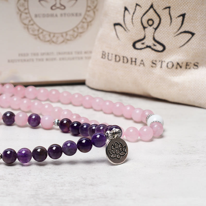 Natural Rose Quartz & Amethyst Om Mani Padme Hum Mala Bead Pendant Bracelet