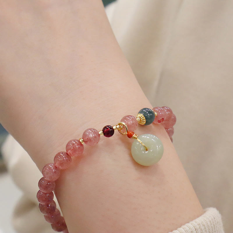 Natural Hetian Jade & Strawberry Quartz Beaded Bracelet with Clear Quartz