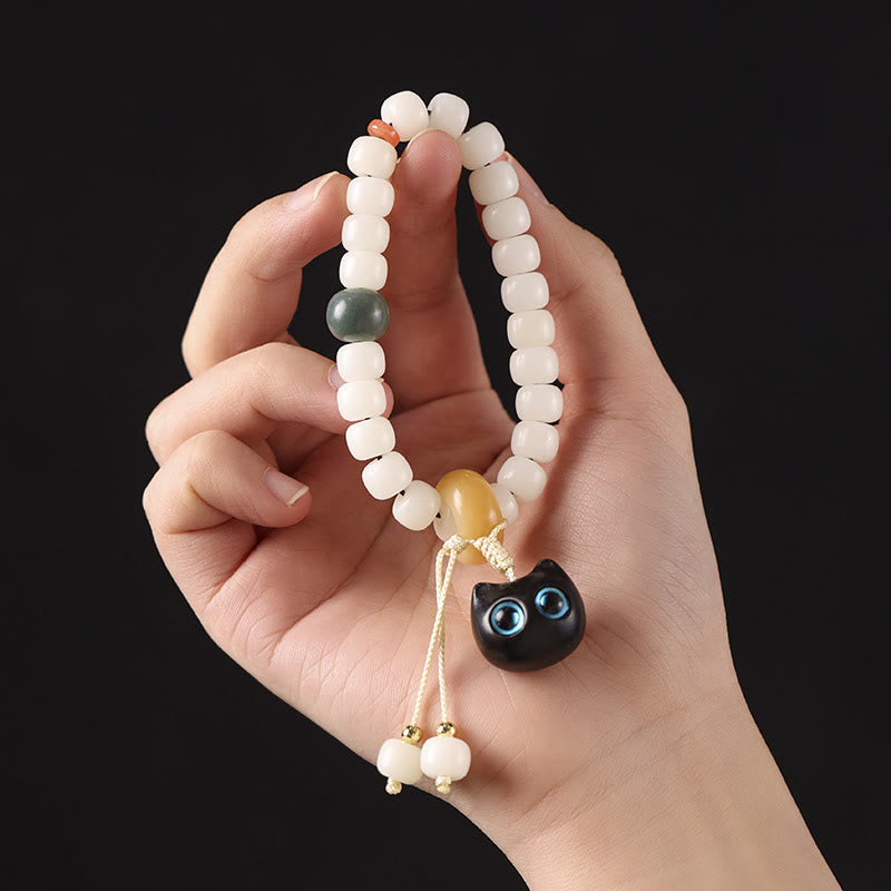 Natural Bodhi Seed and African Blackwood Beaded Bracelet with Hand-Finished Cat Charm