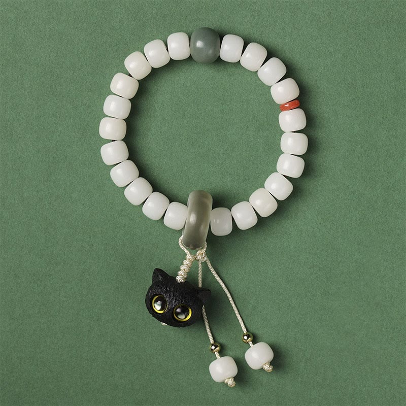 Natural Bodhi Seed and African Blackwood Beaded Bracelet with Hand-Finished Cat Charm