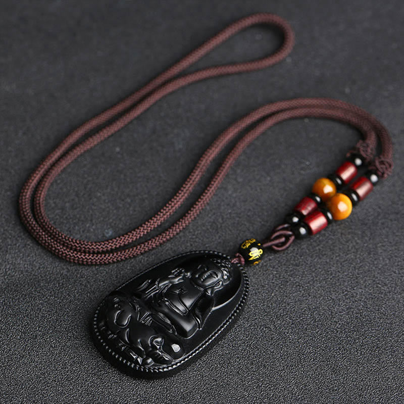 Chinese Zodiac Natal Buddha Natural Black Obsidian Purification Necklace Pendant