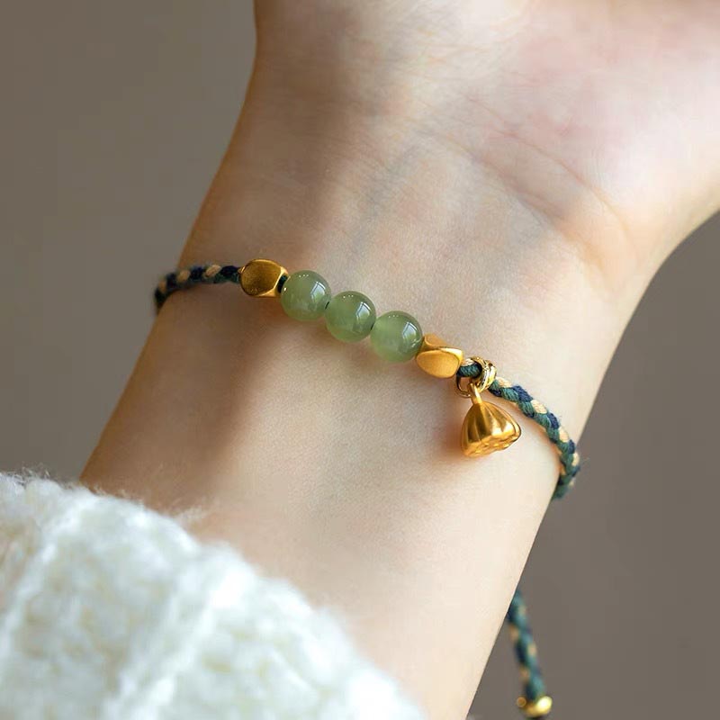 Handcrafted Hetian Jade Lotus Charm Luck Braided Bracelet