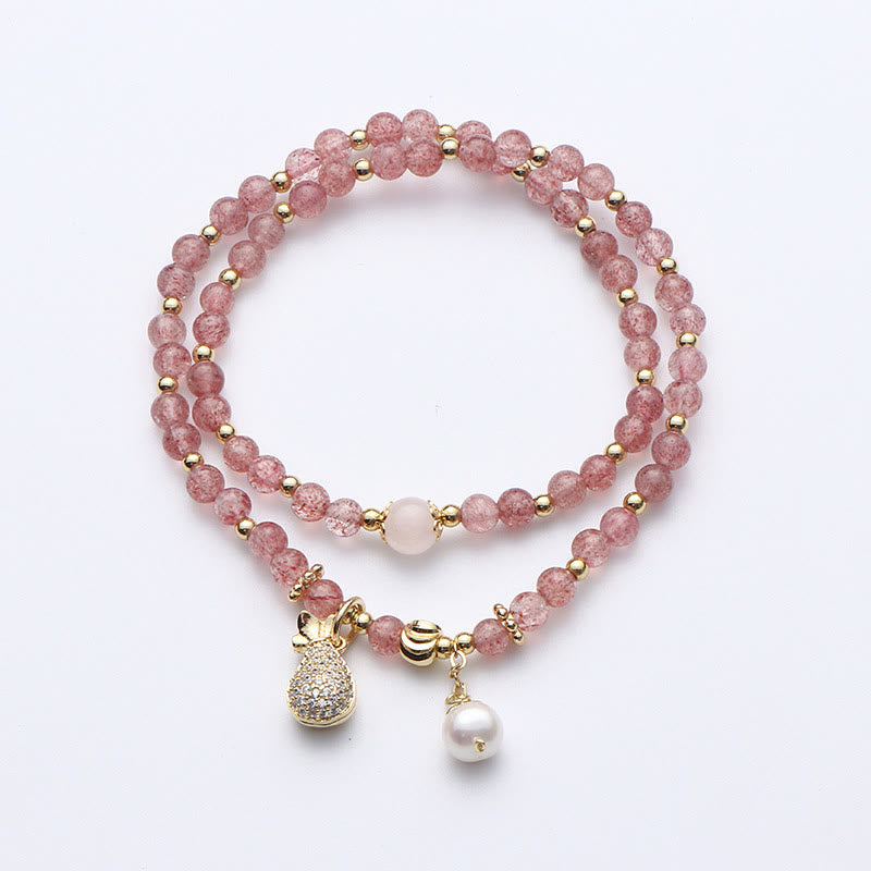 Strawberry Quartz Money Bag Positive Charm Double Wrap Bracelet