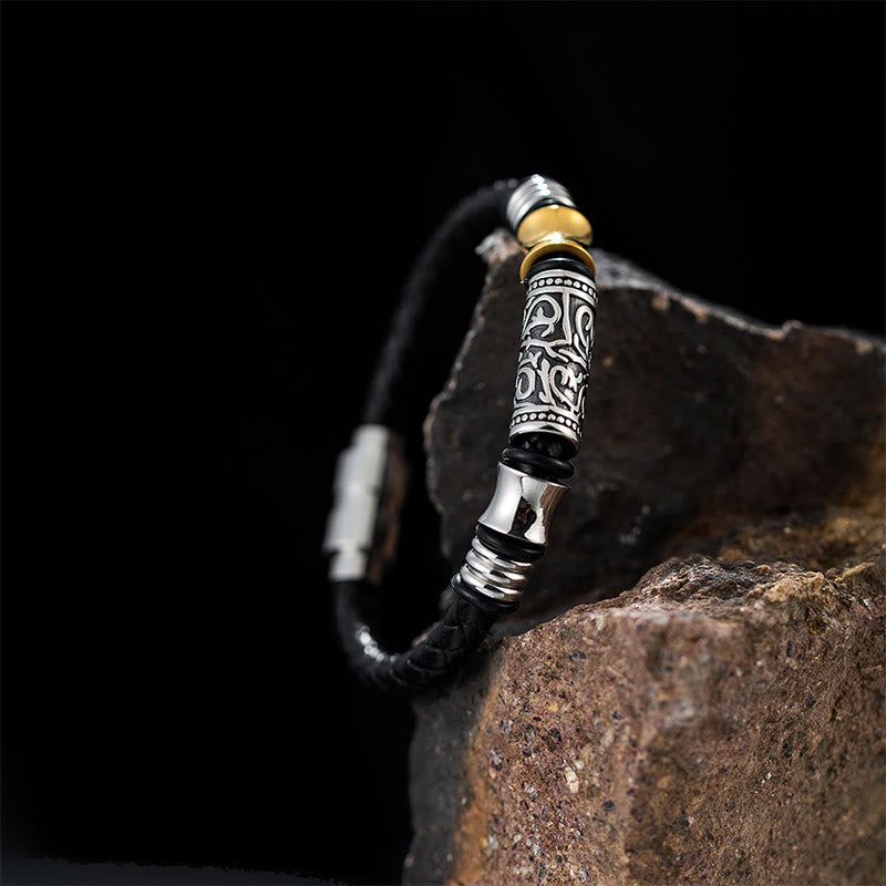 Tang Dynasty Flower Design Luck Stainless Steel Buckle Leather Bracelet