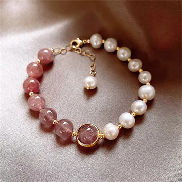 Natural Strawberry Quartz and Pearl Love Positive Chain Bracelet