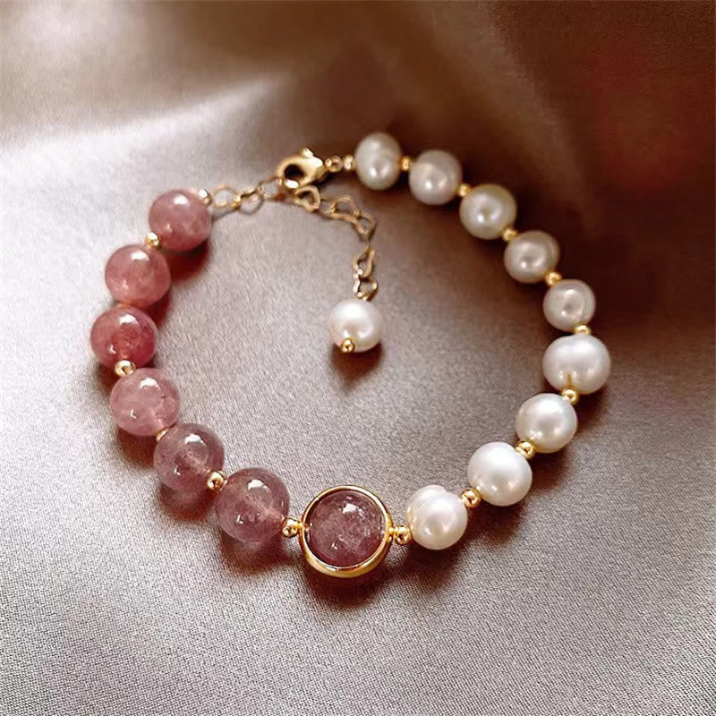 Natural Strawberry Quartz and Pearl Love Positive Chain Bracelet