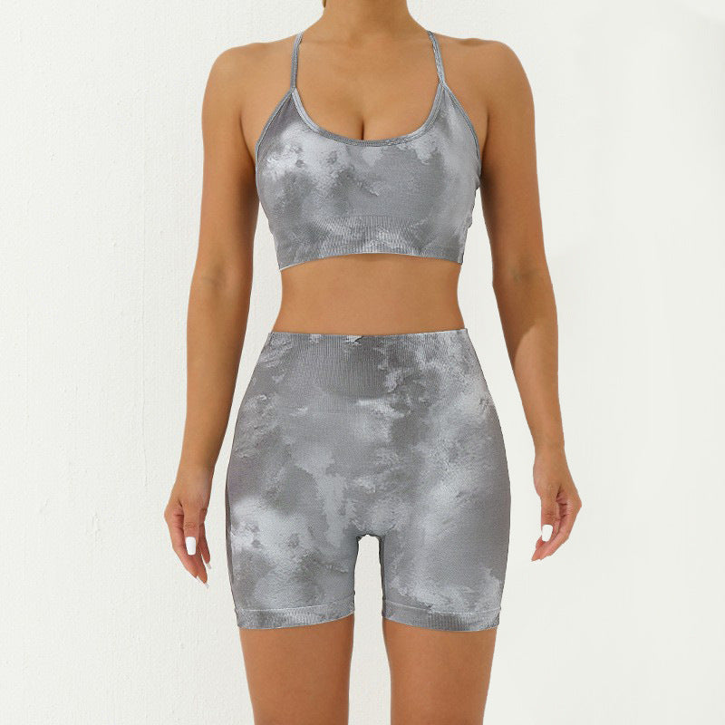 2Pcs Camo Print Backless Criss-Cross Strap Top Bra Shorts Leggings Pants Fitness Yoga Outfit Set