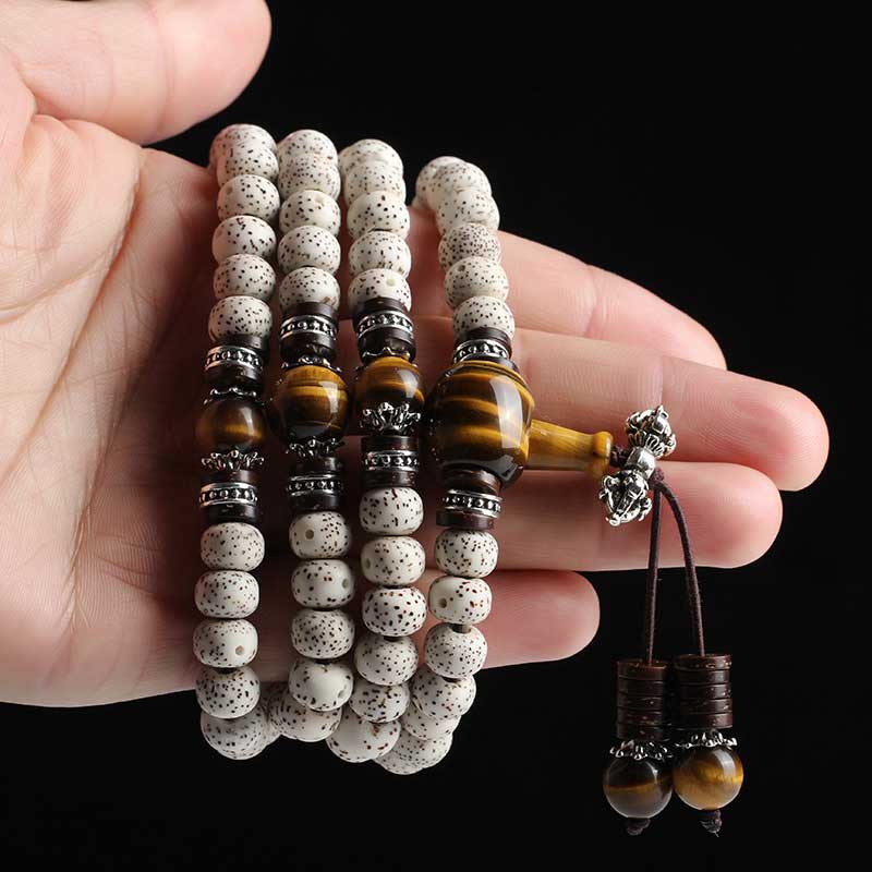 Handmade Tibetan Tiger Eye and Bodhi Seed 108-Bead Buddha Mala Peace Bracelet