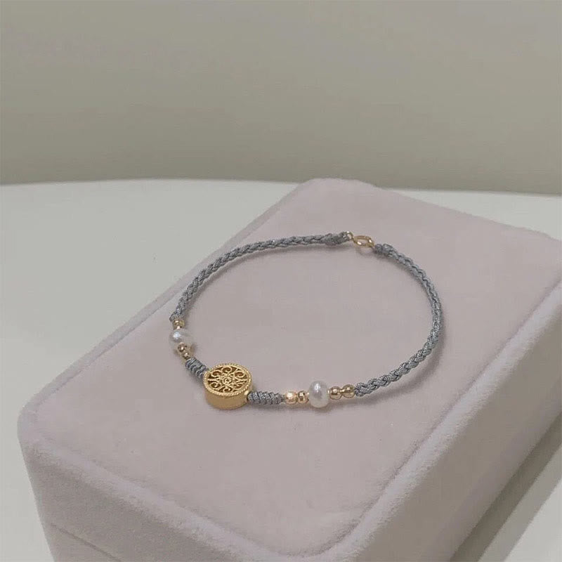 Handcrafted Blue Braided Rope Bracelet with Pearl, Copper Coin & Tree of Life