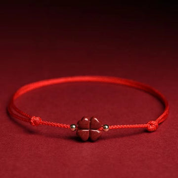 Handmade Cinnabar Four Leaf Clover Charm Red String Bracelet Anklet