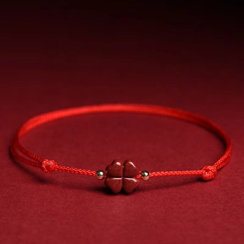Handmade Cinnabar Four Leaf Clover Charm Red String Bracelet Anklet
