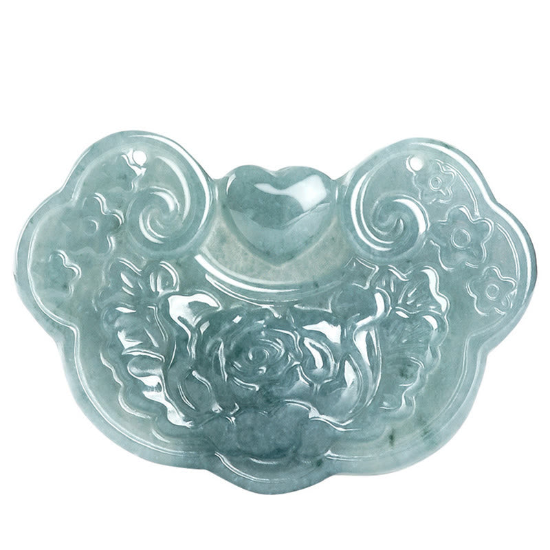 Natural Jade Peony Flower Lock of Good Wishes Prosperity Necklace Pendant