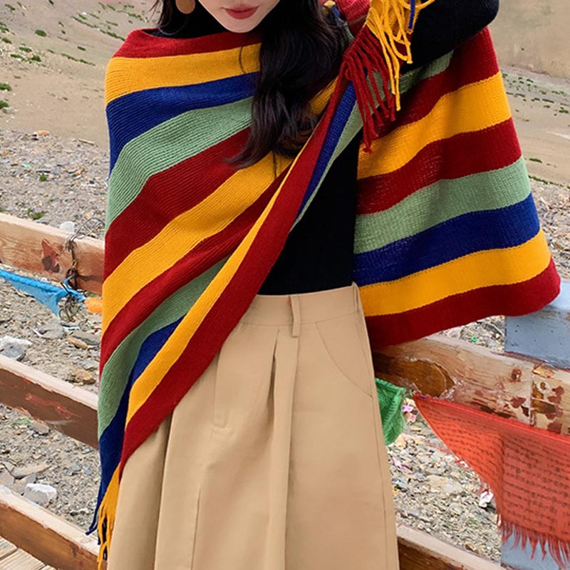 Knitted Striped Tassel Pullover Meditation Shawl Wrap