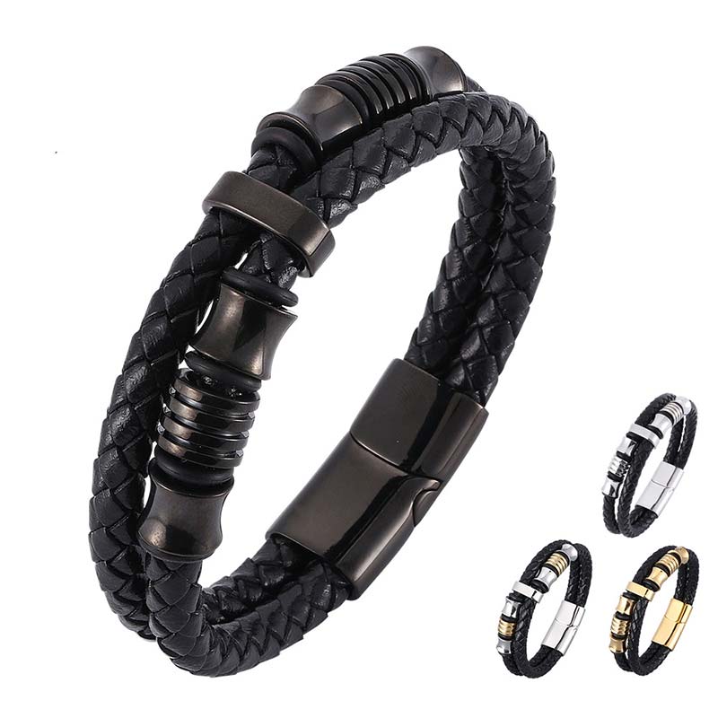 Minimalist Layered Braided Leather & Titanium Steel Bracelet