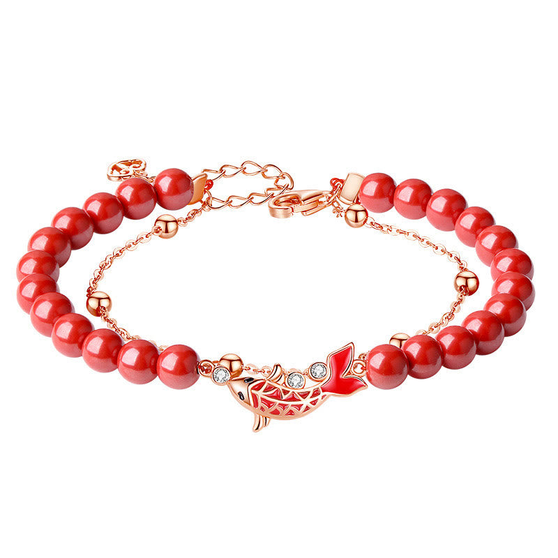 Polished 925 Sterling Silver Koi Fish Charm Bracelet with Cinnabar and Zircon Double Layer Chain