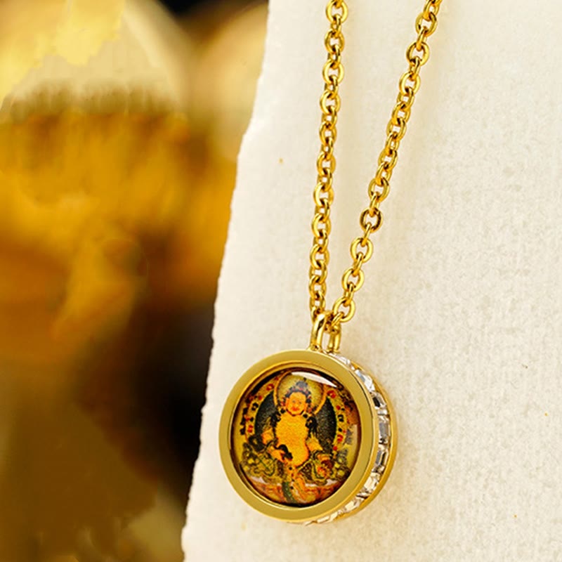 Tibetan Yellow God Of Wealth Green Tara Buddha Serenity Titanium Steel Necklace Pendant