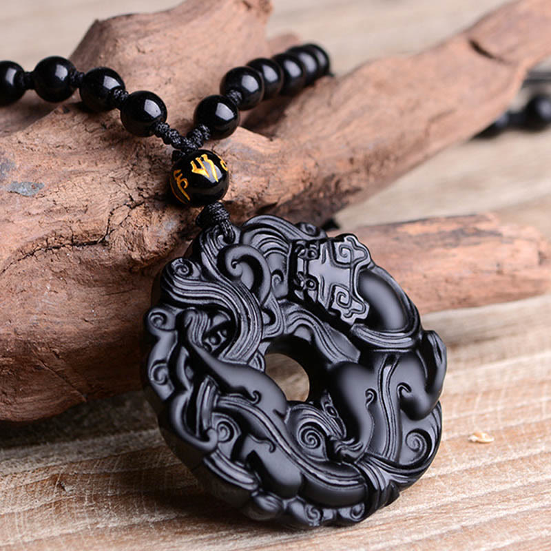 Natural Black Obsidian Peace Buckle Pixiu Purification Necklace Pendant