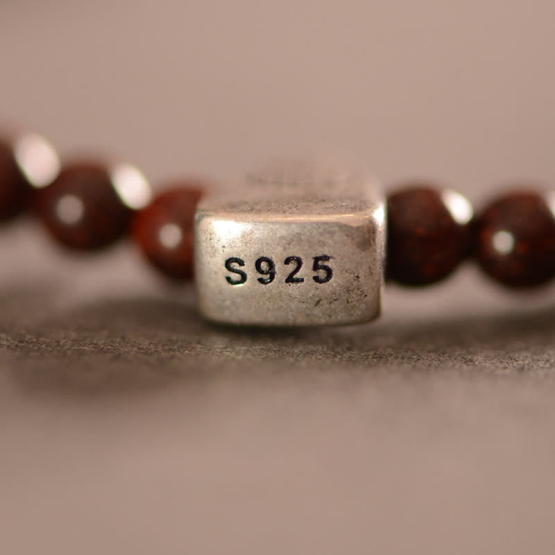 925 Sterling Silver Indian Small Leaf Red Sandalwood Fu Character Protection Triple Wrap Bracelet
