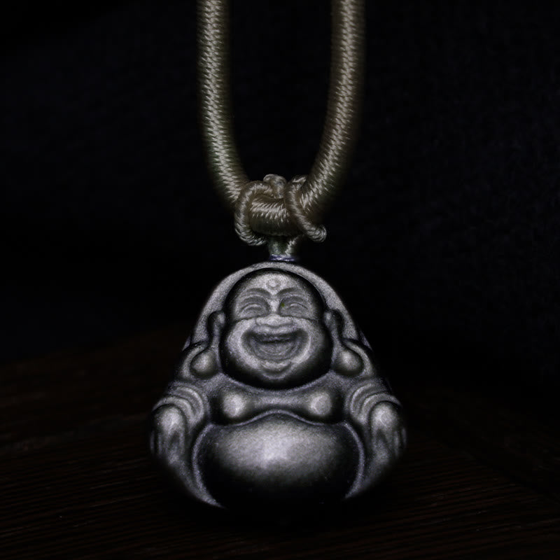 Natural Silver Sheen Obsidian Laughing Buddha Protection Necklace Pendant