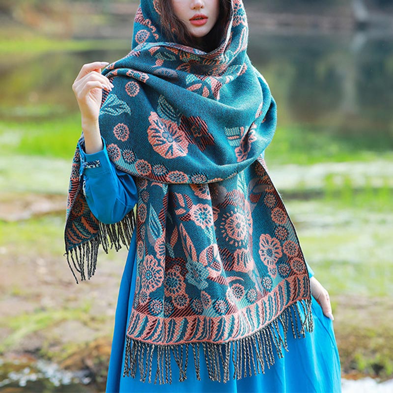 Tibetan Flower Floral Leaves Pattern Design Shawl Cozy Travel Scarf Wrap