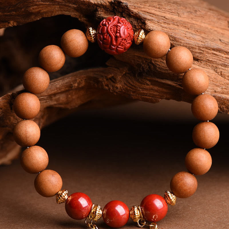 Tibetan Natural Peach Wood and Cinnabar Pixiu Tassel Bracelet