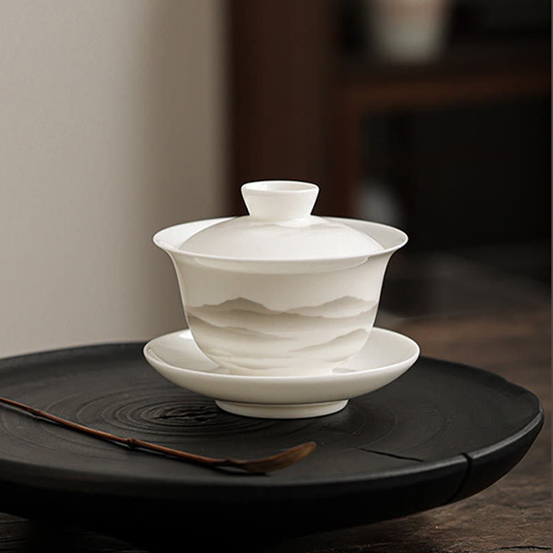 Vintage Ink Painting Mountain White Porcelain Ceramic Gaiwan Sancai Teacup Kung Fu Tea Cup And Saucer With Lid Tea Utensil Teapot