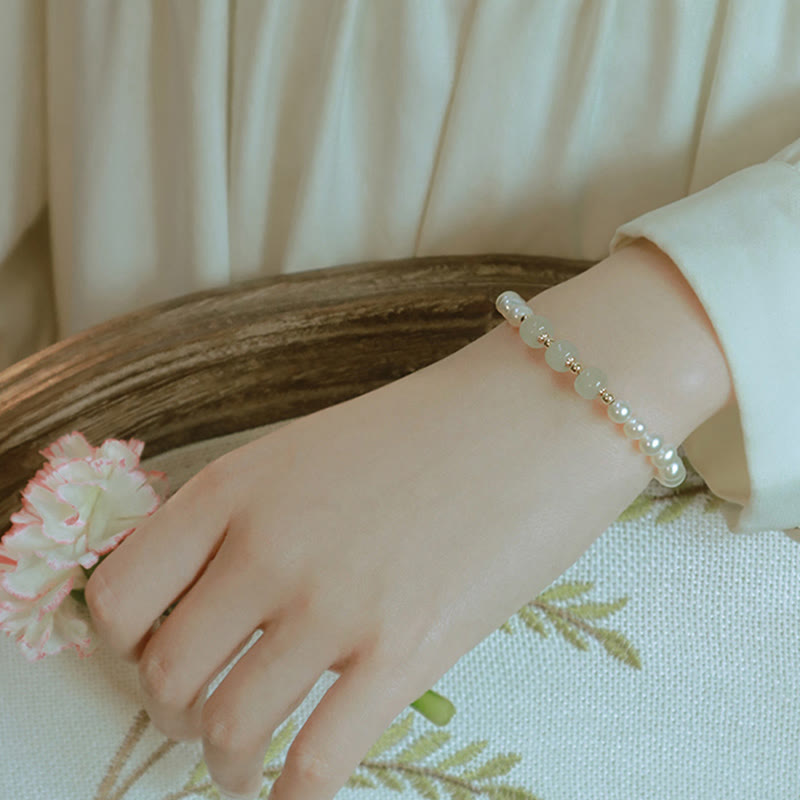 14K Gold Plated Natural Pearl & Hetian Jade Sincerity Bead Chain Bracelet
