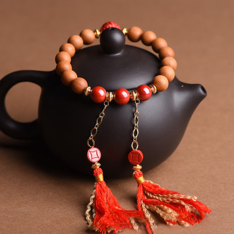 Tibetan Natural Peach Wood and Cinnabar Pixiu Tassel Bracelet