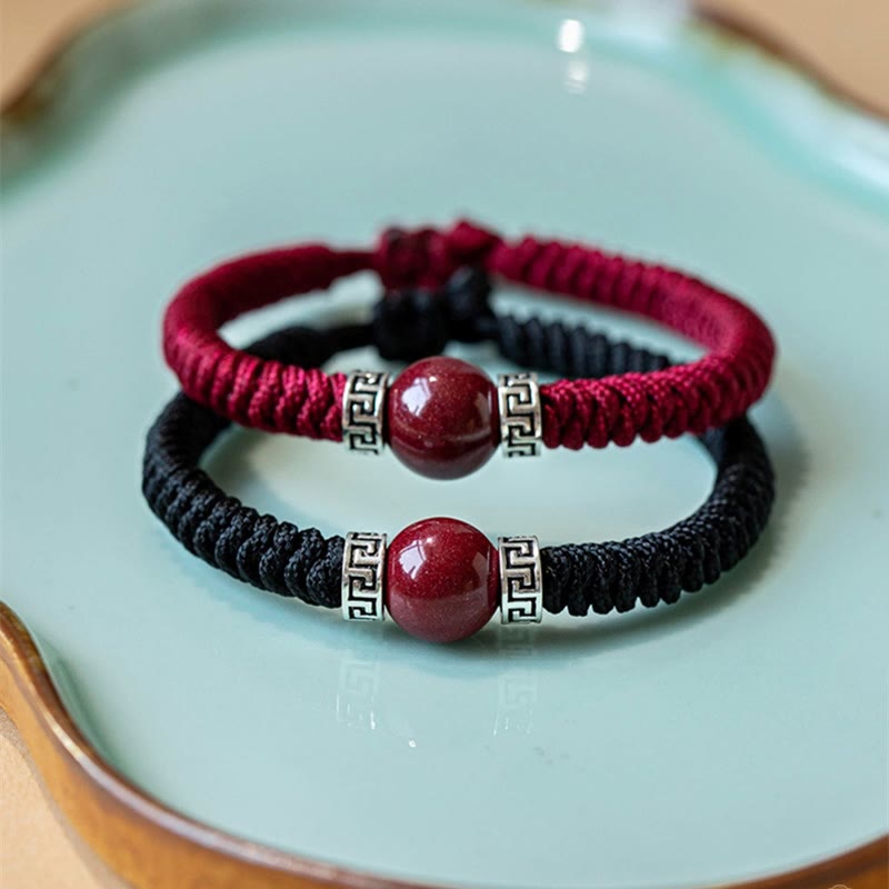 Handmade 925 Sterling Silver and Natural Cinnabar Braided Red String Bracelet