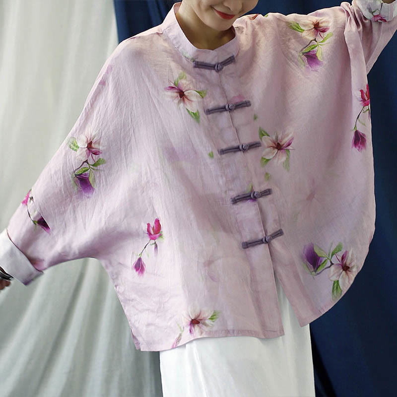 Pink Flower Print Frog-button Design Batwing Long Sleeve Ramie Linen Jacket Shirt