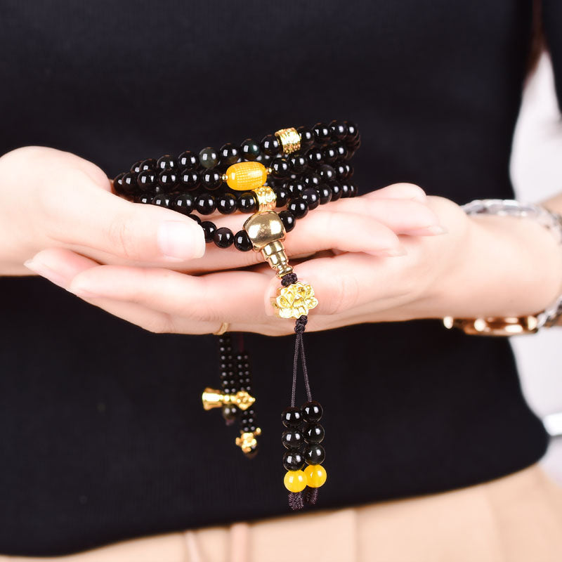 108 Beads Natural Black Obsidian Lotus Fulfilment Mala Bracelet