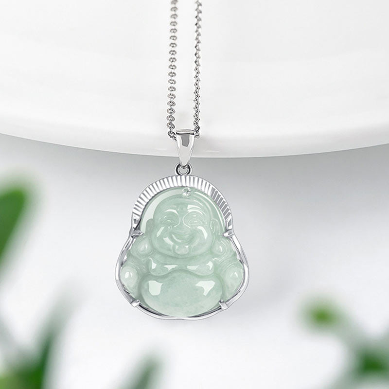 925 Sterling Silver Laughing Buddha Jade Luck Calm Necklace Chain Pendant