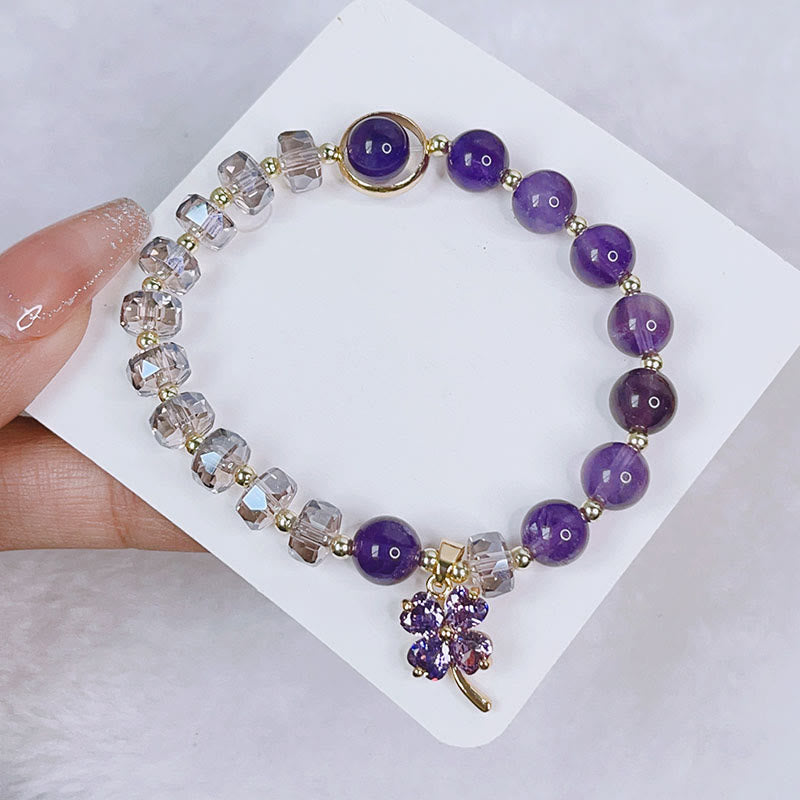 Amethyst Crystal Four Leaf Clover Healing Charm Bracelet