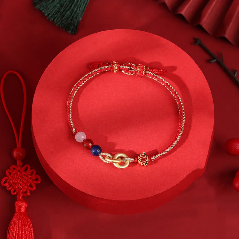 925 Sterling Silver Double Ping An Kou Lotus Jade Red String Bracelet