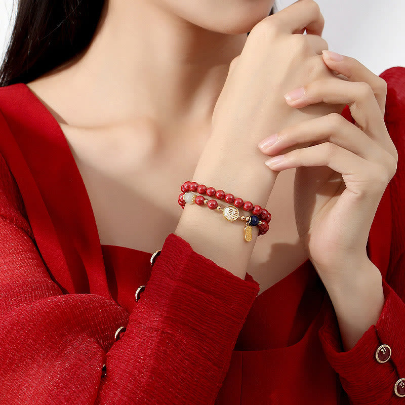 925 Sterling Silver Cinnabar Tridacna Stone Fu Character Double Wrap Blessing Bracelet