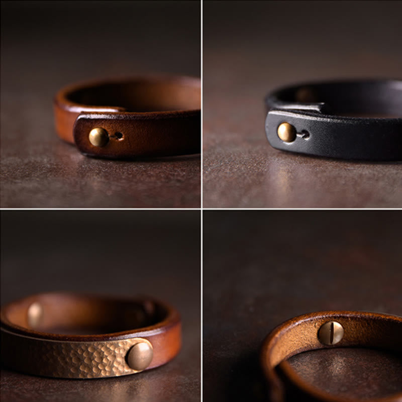 Vintage Handmade Texture Copper Brass Leather Wealth Bracelet Bangle