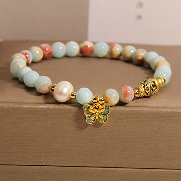 Shoushan Stone and Pearl Beaded Butterfly Charm Bracelet