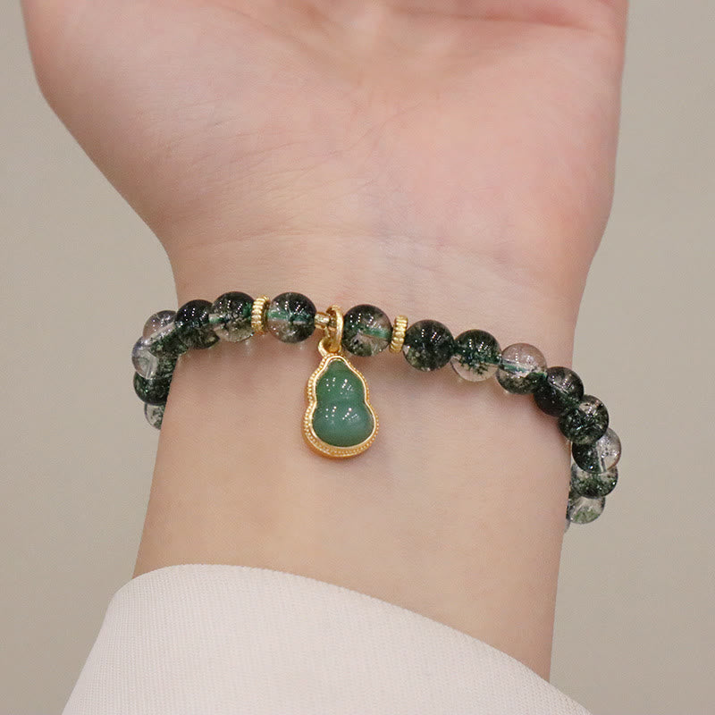 Natural Green Phantom Quartz Beaded Charm Bracelet with Buddha or Wu Lou Gourd